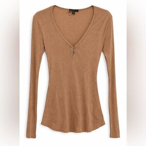 James Perse Cashmere Blend Ribbed Henley Top XL Tan Camel Minimalist NWT
